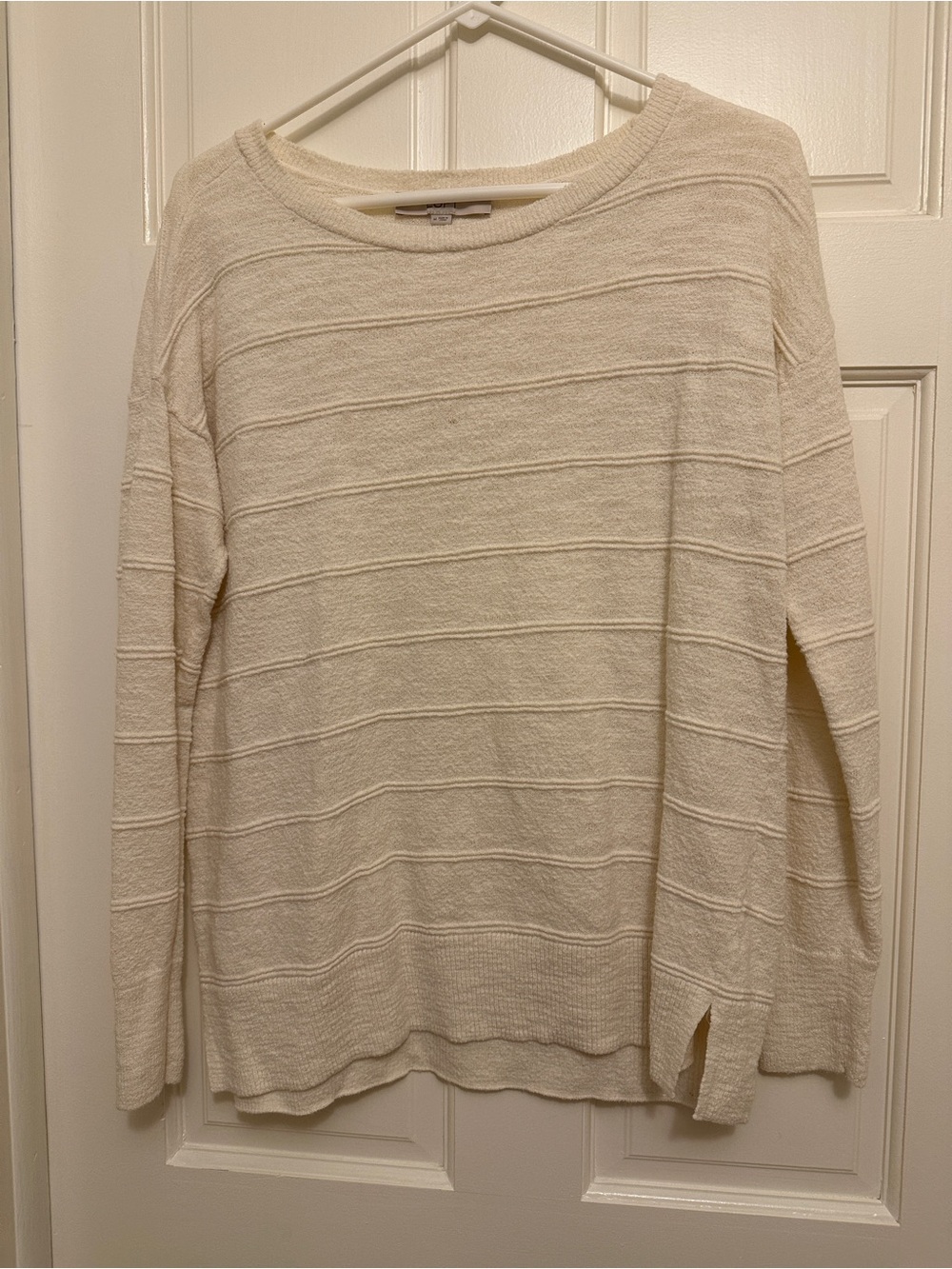 LOFT Cream Lightweight Textured Stripe Crewneck Sweater